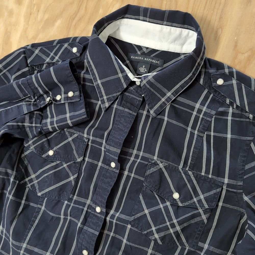 Banana Republic Blouse Women Small Blue Plaid Long Roll Sleeve Snap Button Shirt